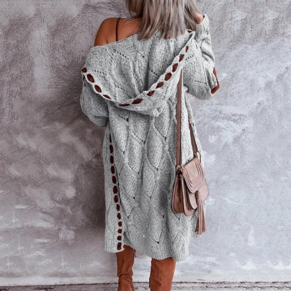 Bohemian Cable Knit Grey Lace Long Hood Gray Boho Grey Cardigan Elbow Patches - Picture 1 of 7